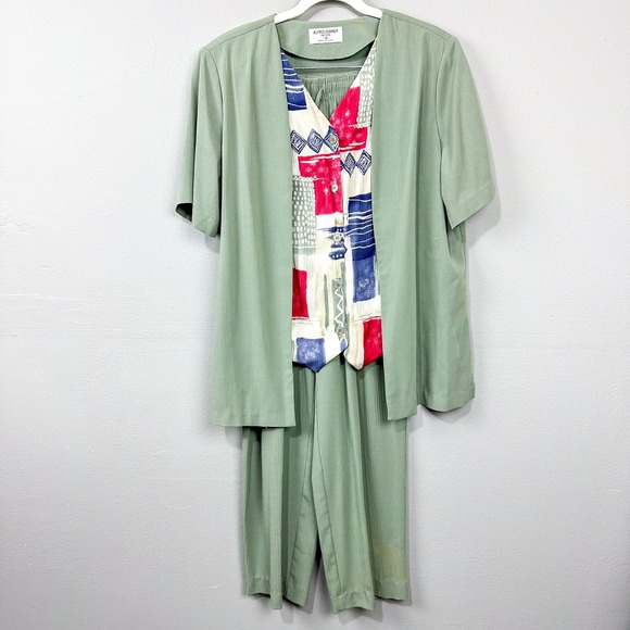 Vintage 90s Alfred Dunner Pant Suit Set Sz 12 Petite Sage Green Grannycore Artsy - Picture 1 of 15